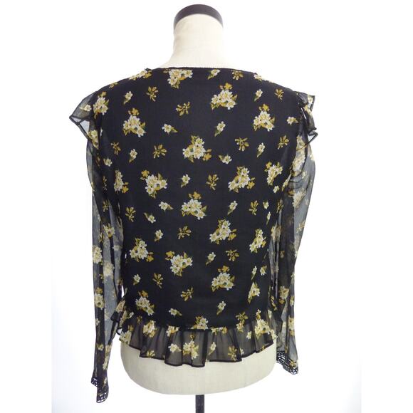 Zara Black Floral Chiffon Blouse Top Medium Boho Flutter Sleeve Semi Sheer - Picture 3 of 6